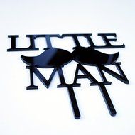 &quot;Little Man&quot; with Mustache Silhouette Boy Baby Shower Cake Topper Pick - Black Gloss Finish N3
