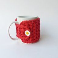 Tea Cup Cozy - Coffee Mug Cozy - Red - Flower Button N2