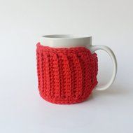 Tea Cup Cozy - Coffee Mug Cozy - Red - Flower Button N3