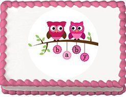 Pink Owls on a Branch Baby Shower Edible Cake Topper N3