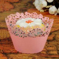 50pcs Filigree Vine Lace Cut Cupcake Wrapper Liner Baking Cup Case Trays Wedding Birthday - Pink, Rose N4