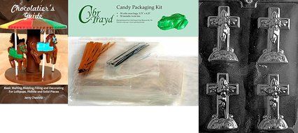 Cybrtrayd Small Cross with Base Chocolate Candy Mold with Chocolate Packaging Bundle, Includes 25 Cello Bags,... N3