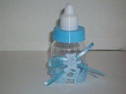 Baby BLUE Bottle Fillable Baby Bottles Decorated Centerpiece Gift Keepsake with 20 small fillable bottles N4