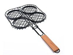 Lysport Carbon Steel Hamburger Grill Basket with Rosewood Handle