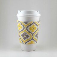 Cup Cozy, Coffee Cup Sleeve, Insulated Fabric Cozy, Handmade, Yellow Gray N4