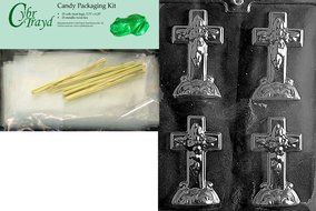 Cybrtrayd Small Cross with Base Chocolate Candy Mold with Chocolate Packaging Bundle, Includes 25 Cello Bags,... N5