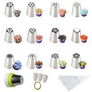 SASRL Russian Piping Tips For Cupcakes Decoration 23-Pcs Set (12 Russian Tips 10 Disposable Pastry Bags 1 Tri-Color... N2