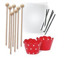 Cake Pop and Candy Packaging, Wooden Lollipop Sticks, Clear Bags, Red Wrappers, Twist Ties, 96 Pieces