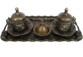 11pc Premium Turkish Greek Arabic Coffee Italian Espresso Serving Set for 2,Cups Saucers Lids Tray Delight Sugar... N2