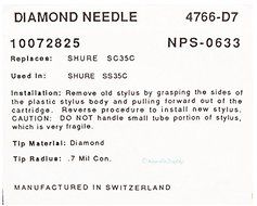 NEW IN BOX REPLACEMENT DIAMOND NEEDLE FOR SHURE SS35C SC35C M25C 766-D7 N3