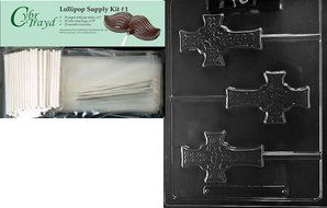 Cybrtrayd Celtic Cross Lolly Chocolate Candy Mold with Lollipop Supply Bundle, Includes 50 Sticks, 50 Cello Bags... N3