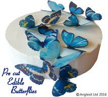 12 X PRE-CUT BEAUTIFUL LARGE BLUE BUTTERFLIES EDIBLE RICE / WAFER PAPER IMAGE PRE CUT CUPCAKE CAKE DESSERT TOPPERS... N4