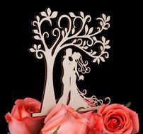 LOVENJOY with Gift Box Bride and Groom Silhouette Tree Wedding Cake Topper Rustic Wood (5.7-inch) N2