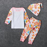 Baby Outfits,Laimeng Newborn Baby Kid Flowers Print Long Sleeve Tops +Stripe Pants Cap Outfits Set (70, White) N3
