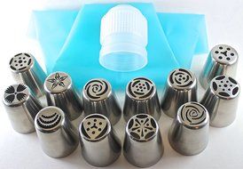 Russian piping tips 14 pc set- cake/cupcake decorating icing tips-12 piece large stainless steel nozzles-1 color... N6