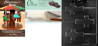 Cybrtrayd Celtic Cross Lolly Chocolate Candy Mold with Lollipop Supply Bundle, Includes 50 Sticks, 50 Cello Bags... N4