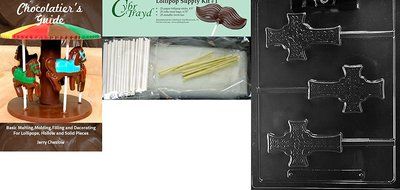 Cybrtrayd Celtic Cross Lolly Chocolate Candy Mold with Lollipop Supply Bundle, Includes 50 Sticks, 50 Cello Bags... N5