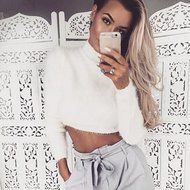 Blouse,BeautyVan Women Long-sleeved High-necked Shirt Umbilical Bottomed Plush Blouse (One Size, Gray) N29