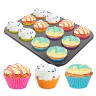 Goldenwide&reg; Combo of Nonstick Bakeware 12-Cup Regular Muffin Pan and Silicone Baking Cups , 12 Reusable Vibrant... N6