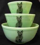 Jadeite Green Milk Glass Nesting Mixing Bowls Sitting Cat Design
