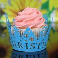 DZT1968 24Pcs Christmas Hollow Lace Cup Muffin Cake Paper Case Wraps Cupcake Wrapper (Blue) N11
