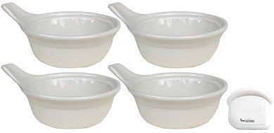 CAC Ceramic Single Serve Casserole Baking Dish with Handle and Pan Scraper, Set of 4, Bone White (15 Ounce) N4