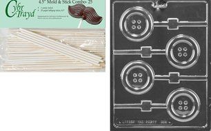 Cybrtrayd 45St25-B068 Button Lolly Baby Chocolate Candy Mold with 25 Cybrtrayd 4.5-Inch Lollipop Sticks