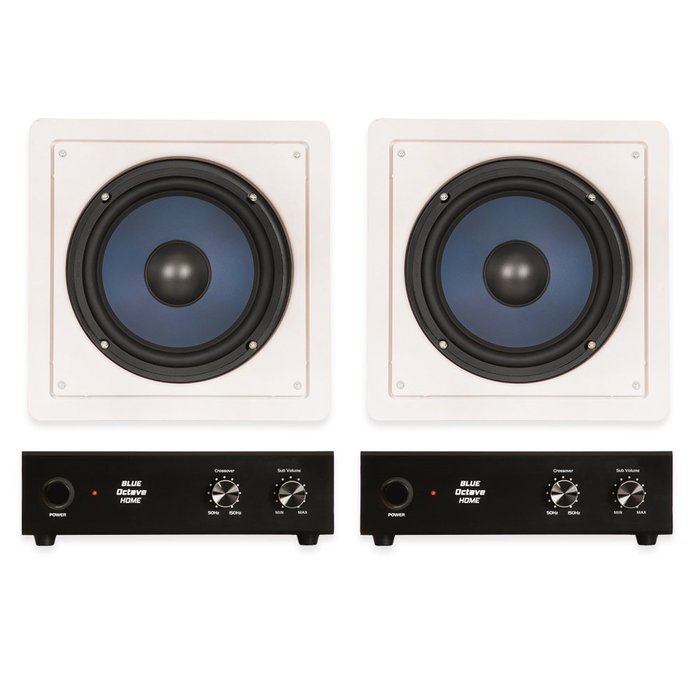 Blue Octave RW8 In Wall 8" Passive Subwoofer Speakers Home Theater 2 Sub and 2 Amp Set