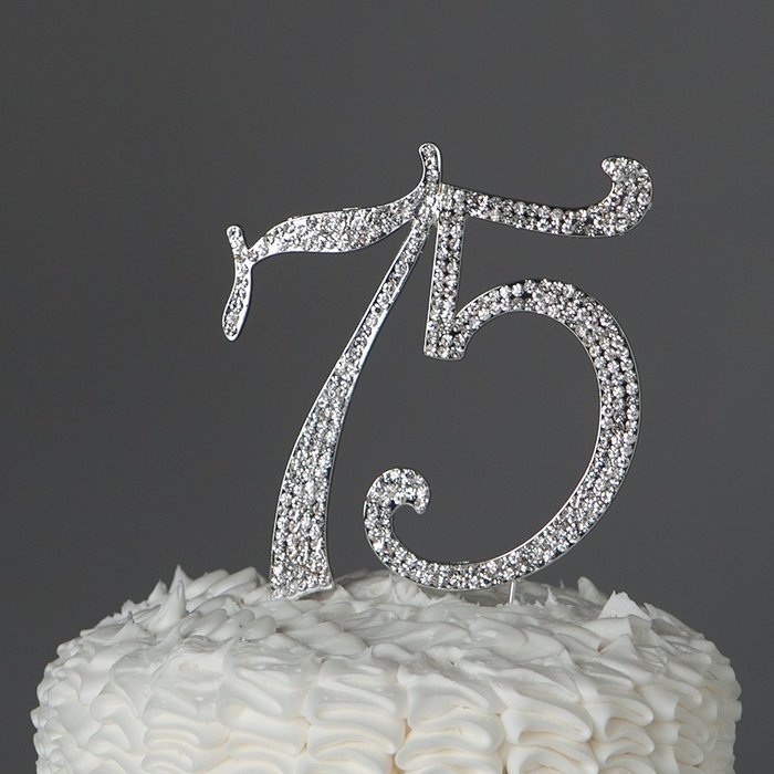 75 Cake Topper for 75th Birthday or Anniversary Crystal Rhinestone Number Decoration (Silver) N5