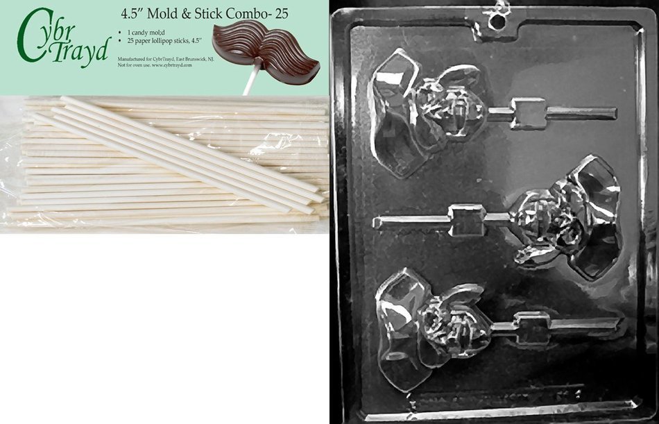Cybrtrayd 45St25-K126 Pirate Skull Lolly Kids Chocolate Candy Mold with 25 Cybrtrayd 4.5-Inch Lollipop Sticks