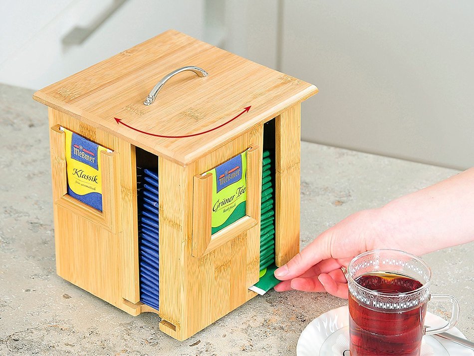Kesper Tea Bag dispenser 6.3" x 6.3" x 7.87" of Bamboo, Brown