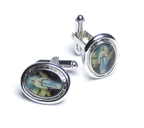 SILVER-Colored Men's Cuff Links. Oval shape Virgin Mary Cufflinks N2
