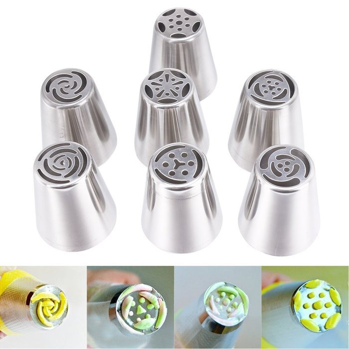 FEESHOW Set of 7 Russian Flower Icing Piping Cake Nozzles Tips Baking Tools Home Baking DIY Tool (Silver-7 Pcs) N6
