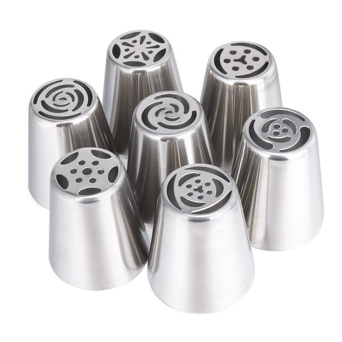 FEESHOW Set of 7 Russian Flower Icing Piping Cake Nozzles Tips Baking Tools Home Baking DIY Tool (Silver-7 Pcs) N7
