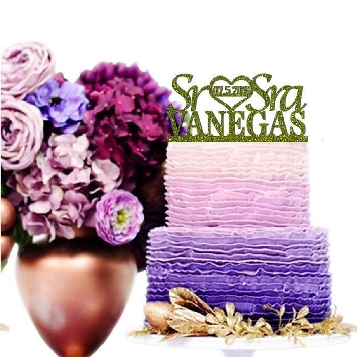 Sugar Yeti Made In USA Personalized Wedding Cake Topper Sr Heart Sra With Date #55 Gold Mirror N15