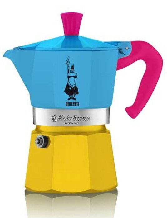 Bialetti: Moka Express Special Edition 2015, 3-Cups (Blue with Yellow Bottom, Handle and Knob in Fuchsia) [ Italian...