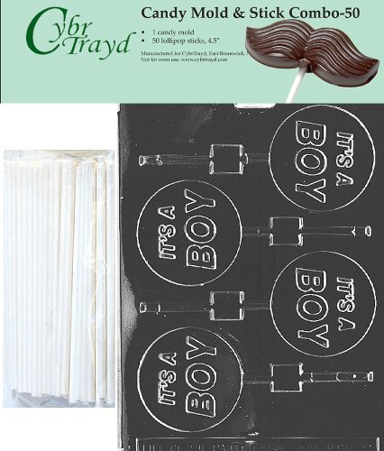 Cybrtrayd 45St50-B023 It's A Boy Lolly Chocolate Candy Mold with 50 Cybrtrayd 4.5" Lollipop Sticks