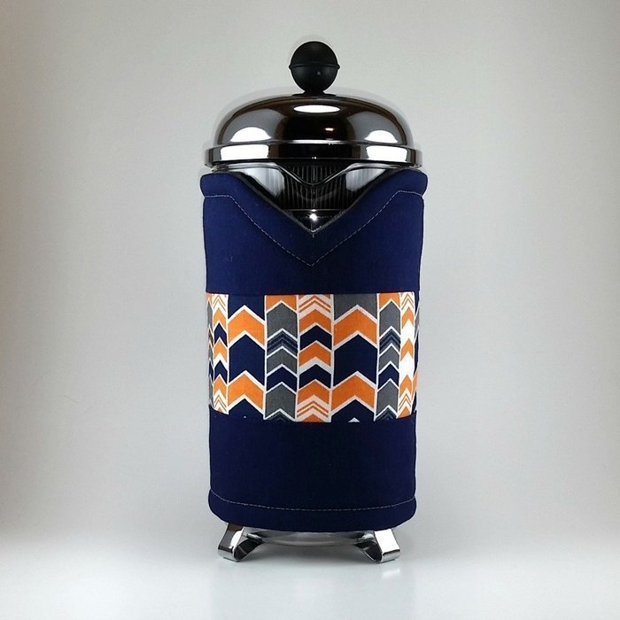 French Press Cozy Cover,8 cup, Insulated Coffee Wrap, Navy Blue Chevron N3