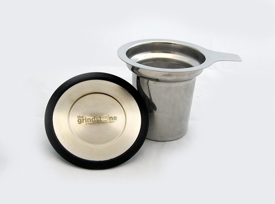 the Grindstone, Universal Tea Infuser, Easy Brewing of Loose Leaf Teas, Stainless Steel with Black Lid (New Item) N4