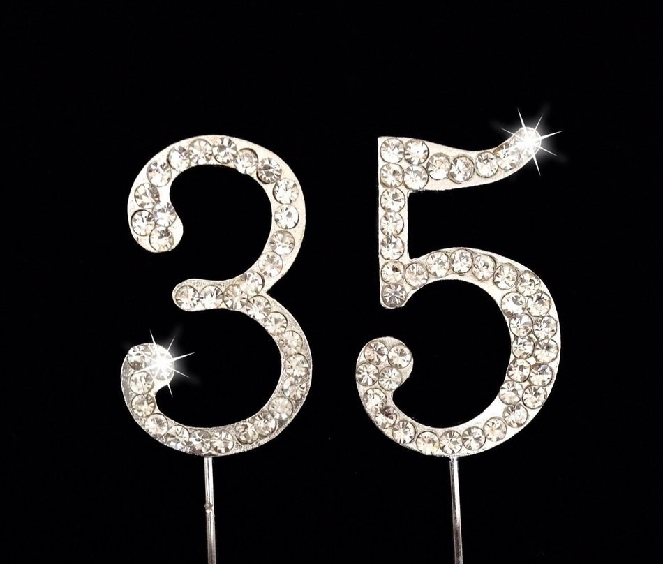 35th Birthday / Wedding Anniversary Number Cake Topper with Sparkling Rhinestone Crystals - 1.75