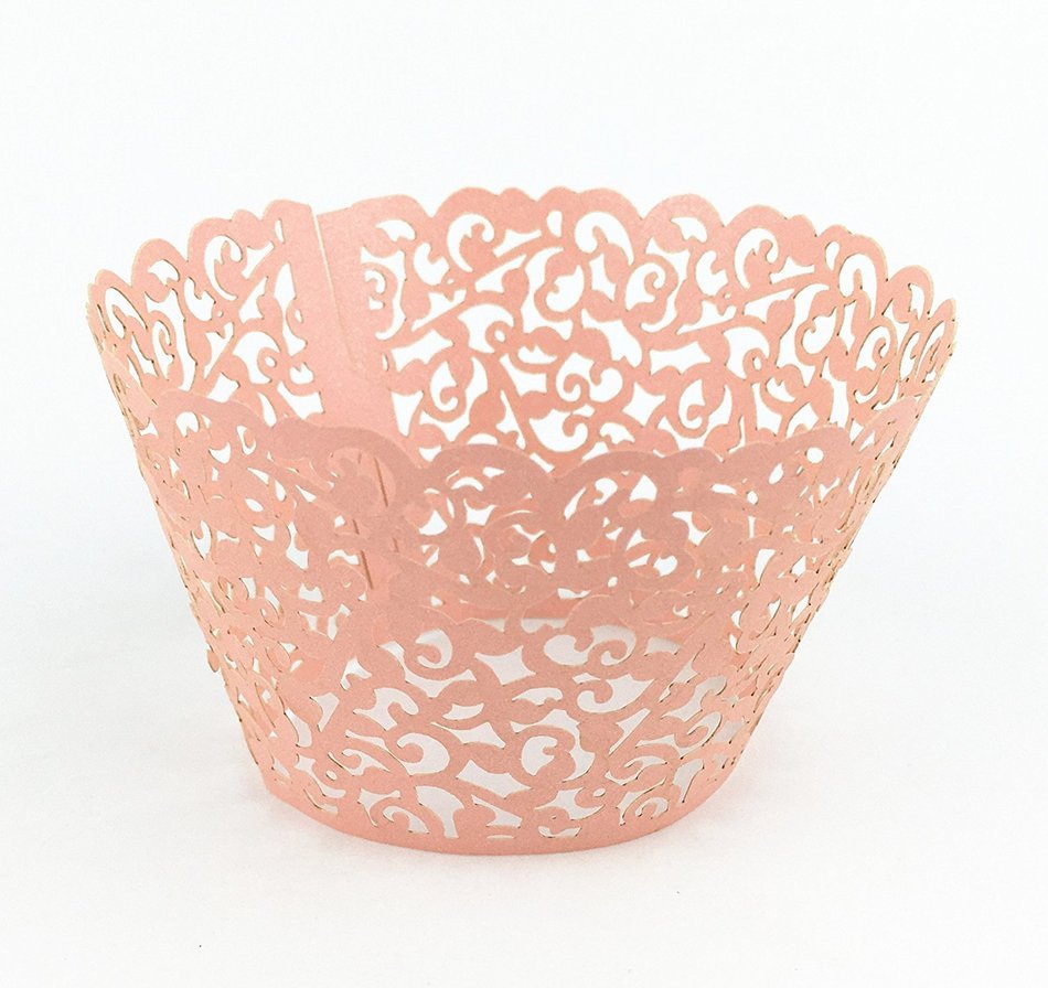 Yansanido 100 set pink Filigree Artistic Bake Little Vine Lace Laser Cut Cupcake Wrapper Cup Muffin Case Trays... N15