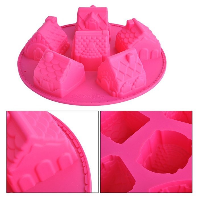 Silicone 6 Slot Cake Gingerbread House Shape DIY Cake Muffin Bread Baking Mold Mould Pan Tray Bakeware Tool (Pink) N5
