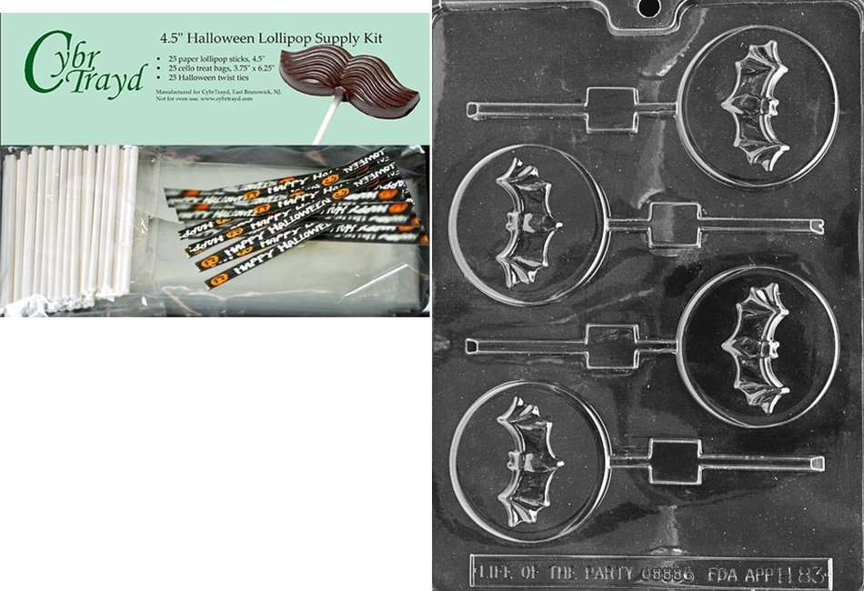 Cybrtrayd 45StK25H-H083 Bat on Moon Lolly Halloween Chocolate Mold with Lollipop Supply Kit