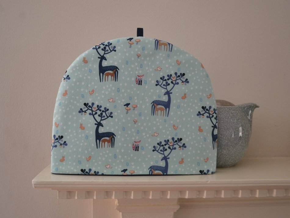 Artisanal Insulated Tea Cozy - Blue Deer Antlers Mythological Print - Foxes, Rabbits, Woodland Scene - 4 Sizes