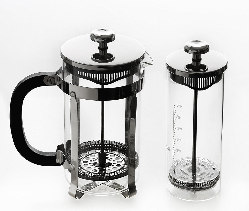 Zell French Press Coffee Maker and Glass Milk Frother Set, 34 oz (1 liter) capacity, Clear Borosilicate Glass
