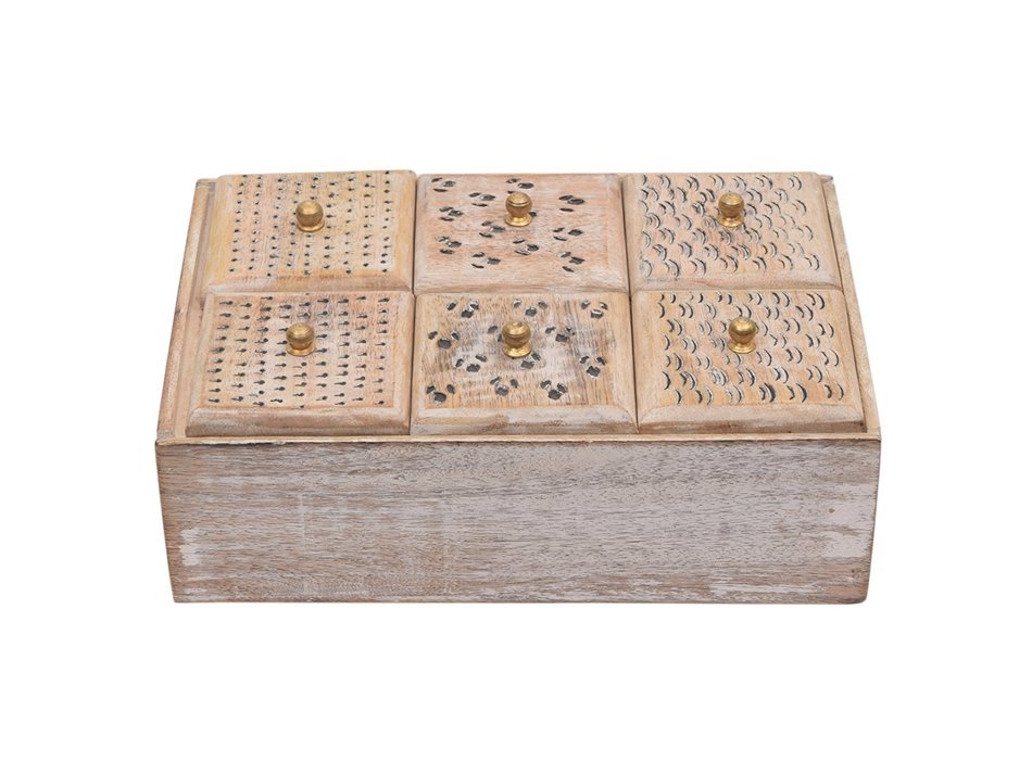 Store Indya Tea Holder Storage Box Chest Hand Carved with Wood Brass Inlay Pill Boxes N5
