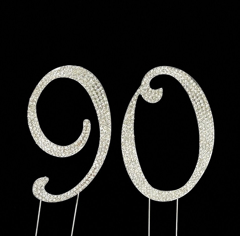 Large 90th Birthday Number Cake Topper with Sparkling Rhinestone Crystals - 4 1/2" Tall - Cake Decoration Jewelry