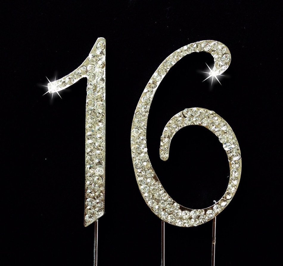 Sweet 16 Birthday Number Cake Topper with Sparkling Rhinestone Crystals - 2.75