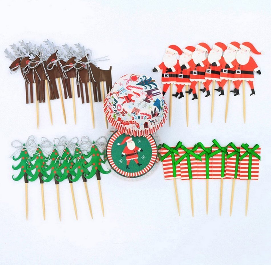 Yunko 24pcs Christmas Cake Cupcake Decorative Cupcake Topper for Christmas Party Themed Party (Wrappers and Toppers) N10