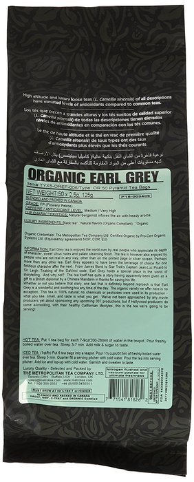 Metropolitan Tea 50 Count Pyramid Shaped Teabags, Organic Earl Grey Tea N3